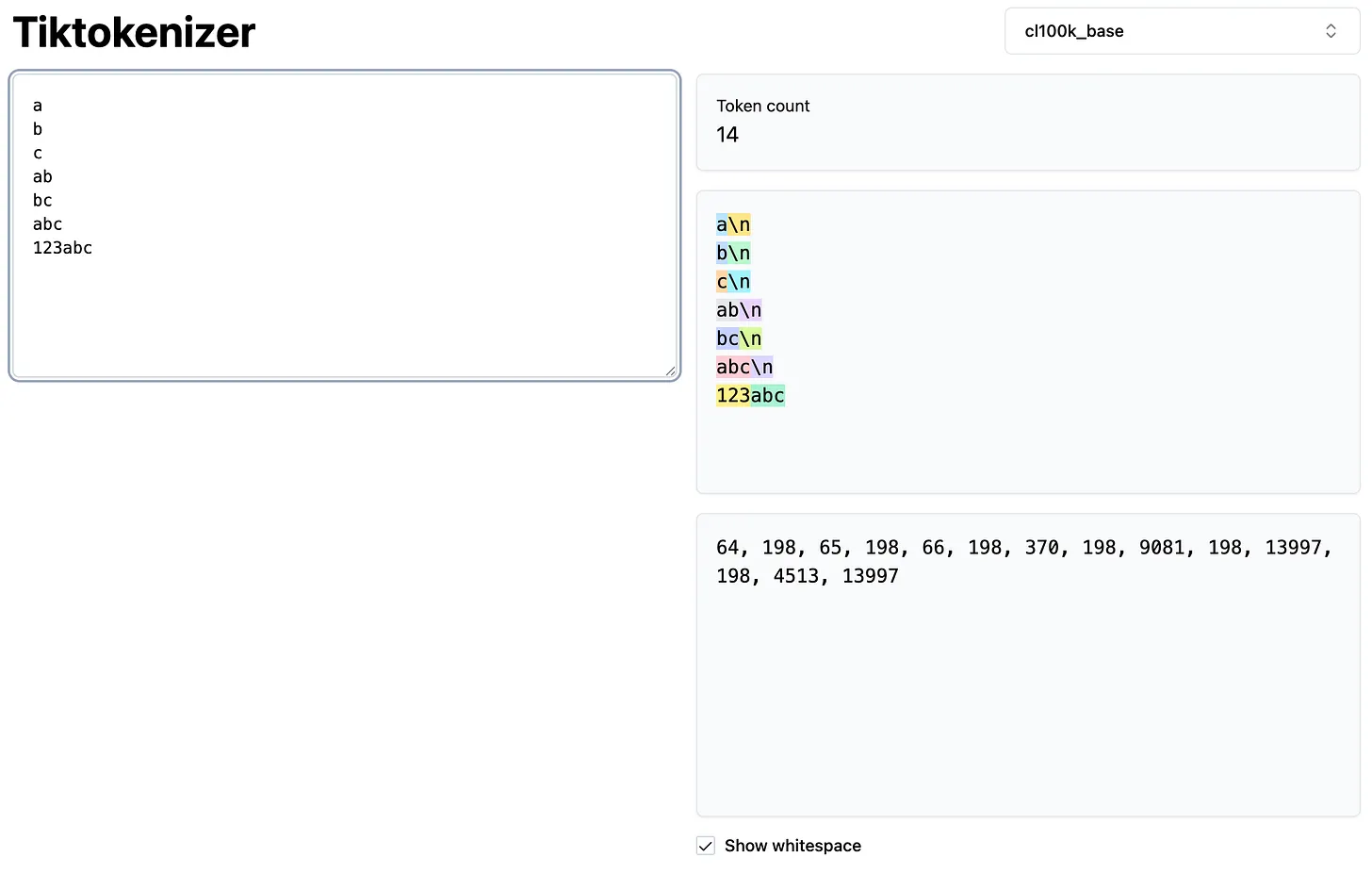 A tokenizer treating abc as one token within the string 123abc